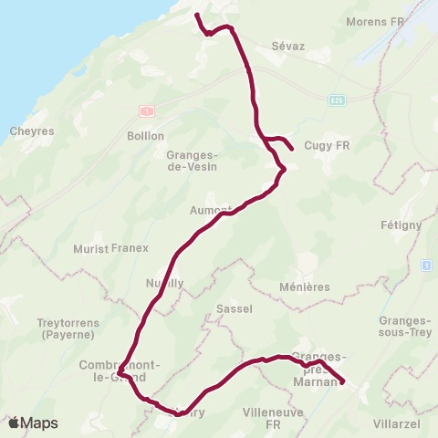 TPF - Transports publics fribourgeois Combremont-le-Grand, église - Estavayer-le-Lac, gare rout. map