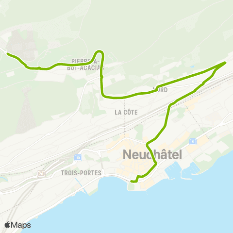 Transports Publics Neuchâtelois Neuchâtel, Trois-Chênes - Neuchâtel, Place Pury map