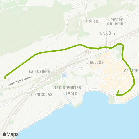 Transports Publics Neuchâtelois Neuchâtel, Temple Valangines - Neuchâtel, Place Pury map