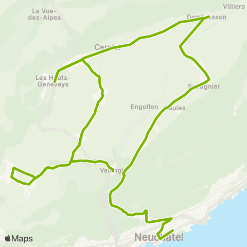 Transports Publics Neuchâtelois Neuchâtel, Université - Valangin, centre map