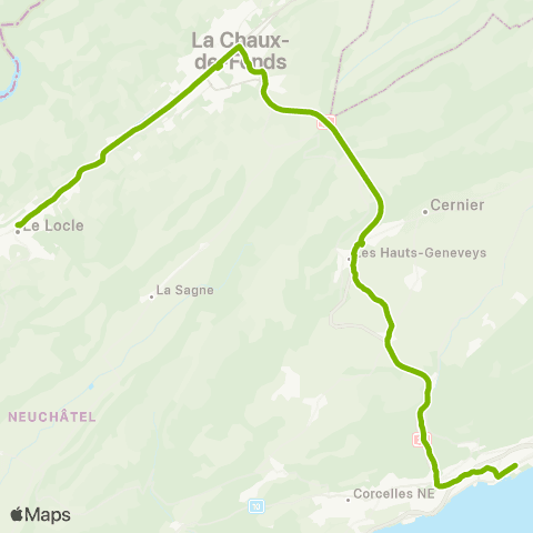 Transports Publics Neuchâtelois Neuchâtel, Université - Le Locle, gare/centre ville map