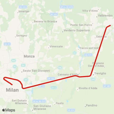 Trenord Bergamo-Pioltello-Milano map