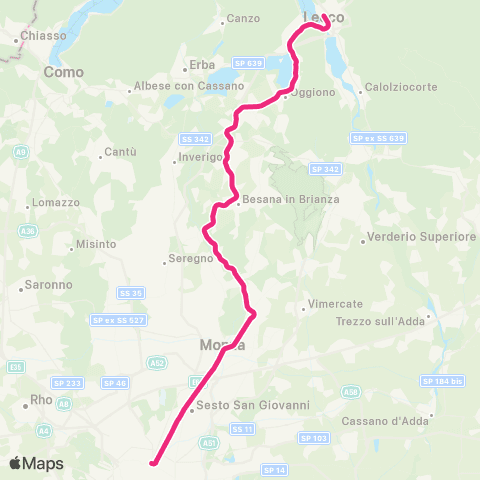 Trenord Lecco-Molteno-Monza-Milano map