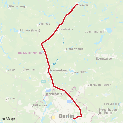 NEB Betriebsgesellschaft Templin, Stadt Bhf ↔︎ 🅢 Ostkreuz Bhf (Berlin) map