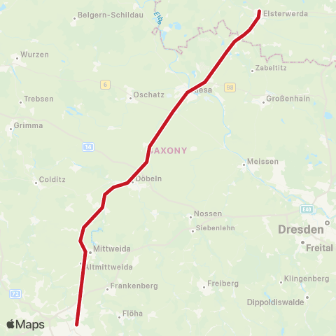 Mitteldeutsche Regiobahn Chemnitz, Hbf ↔︎ Elsterwerda, map