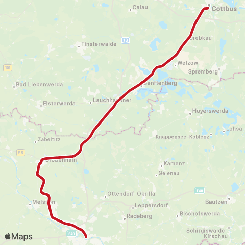 DB Regio Ruhland, ↔︎ Cottbus, Hbf map