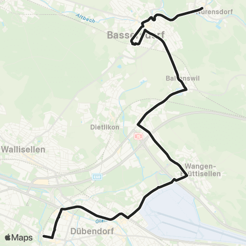 VBG - Verkehrsbetriebe Glattal Stettbach, Bahnhof - Nürensdorf, Zentrum map