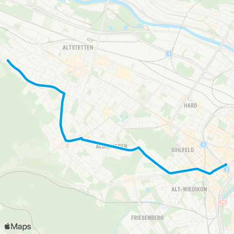 VBZ - Verkehrsbetriebe Zürich Zürich, Dunkelhölzli - Zürich Wiedikon, Bahnhof map