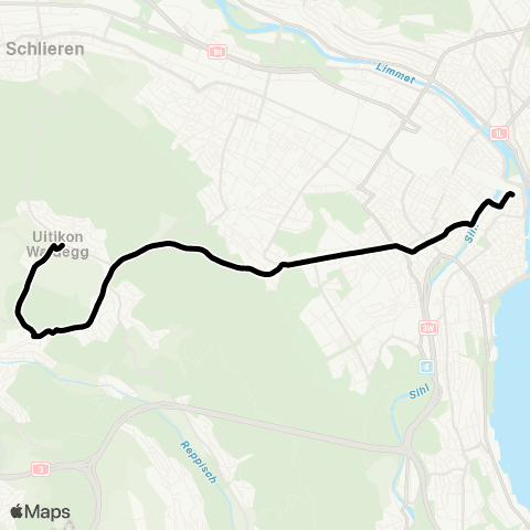 VBZ - Verkehrsbetriebe Zürich Zürich, Bahnhofplatz/HB - Uitikon, Dorf map