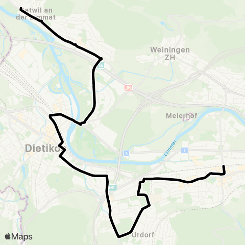 VBZ - Verkehrsbetriebe Zürich Schlieren, Bahnhof - Oetwil an der Limmat, Zentrum map