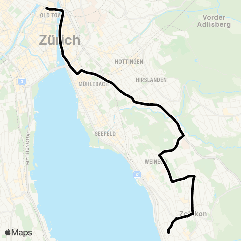 VBZ - Verkehrsbetriebe Zürich Zollikon, Bahnhof - Zürich, Bahnhofplatz/HB map