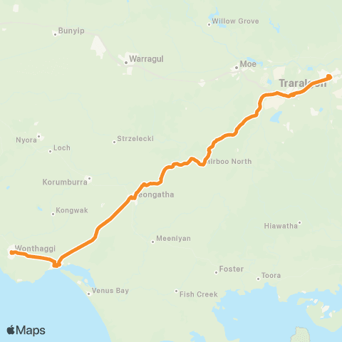 Victoria Regional Buses Traralgon - Wonthaggi via Inverloch, Leongatha, Mirboo Nth map