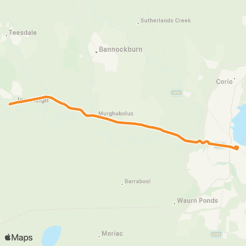 Victoria Regional Buses Inverleigh - Corio St / Moorabool St (Geelong) via Fyansford map