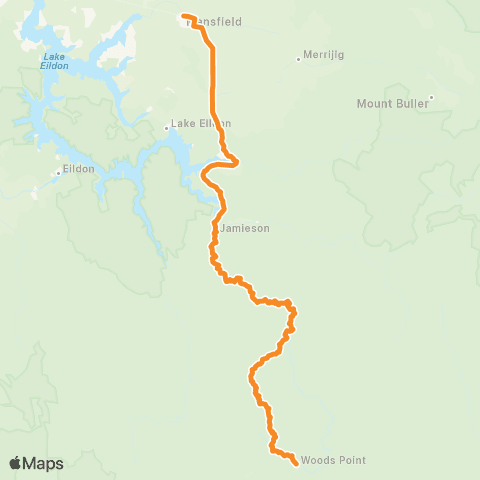 Victoria Regional Buses Woods Point - Mansfield via Jamieson map