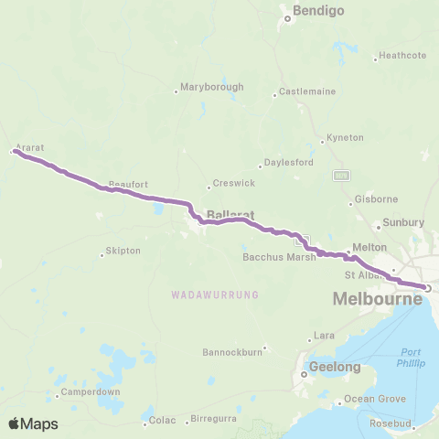 PTV - Public Transport Victoria Ararat - Melbourne via Ballarat map