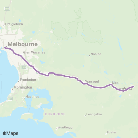 PTV - Public Transport Victoria Bairnsdale - Melbourne via Traralgon & Sale map