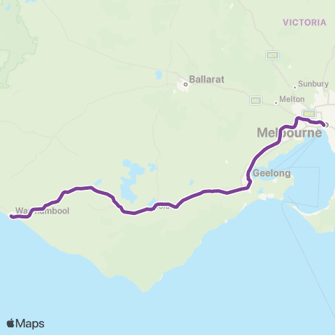 V/Line Warrnambool - Melbourne via Geelong & Colac map