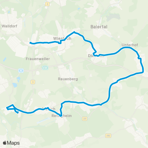 SWEG Wiesloch-Walldorf Bf - Wiesloch - Dielheim - Horrenberg - Balzfeld - Tairnbach - Mühlhausen - Rettigheim - Malsch - Rot - Rot-Malsch Bf map