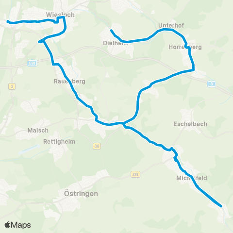 SWEG Wiesloch-Walldorf Bf - Wiesloch - Rauenberg - Rotenberg Mühlhausen - Eichtersheim - Michelfeld - Waldangelloch map