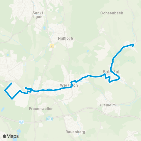 SWEG Schatthausen - Baiertal - Wiesloch - Wiesloch-Walldorf Bf - Walldorf Industriegebiet map