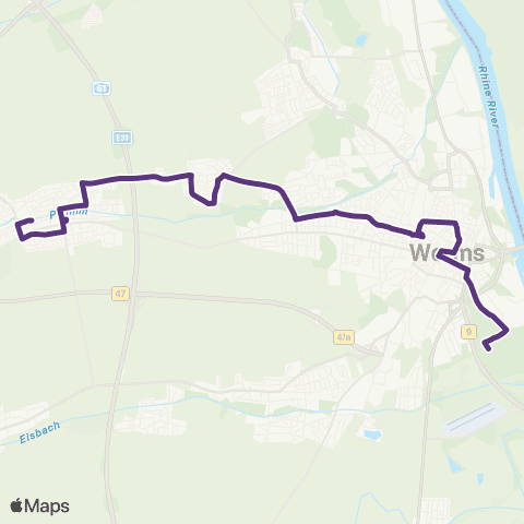 Verkehrsverbund Rhein-Neckar Worms (Tiergarten) - Rathaus - Hbf / ZOB - Pfiffligheim - Leiselheim - Pfeddersheim map