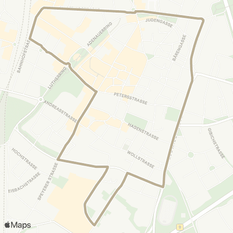 Verkehrsverbund Rhein-Neckar Ringlinie Worms Hbf - Berliner Ring - Mathildenplatz - WEP - Domplatz - Marktplatz - Hbf map