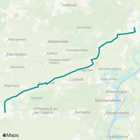 Verkehrsverbund Rhein-Neckar Regio-Linie Landau - Hochstadt - Schwegenheim - Harthausen - Speyer map