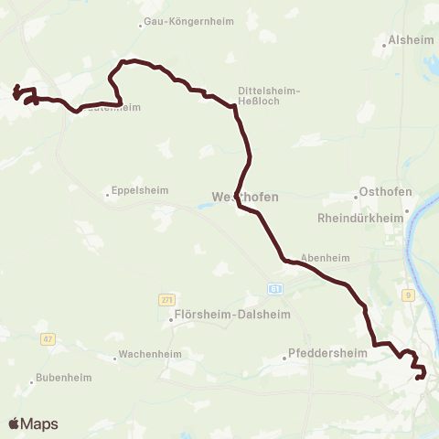 Verkehrsverbund Rhein-Neckar Worms - Abenheim - Westhofen - Dittelsheim-Heßloch - Framersheim - Alzey map