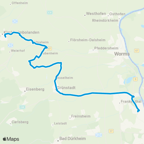Verkehrsverbund Rhein-Neckar Schnellbus LU BASF - Grünstadt - Eisenberg - Kirchheimbolanden map