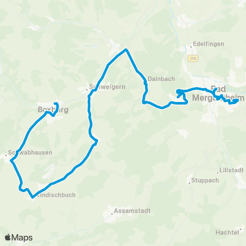 SWEG Bad Mergentheim - Unterschüpf - Schweigern - Assamstadt - Windischbuch - Boxberg - Epplingen map