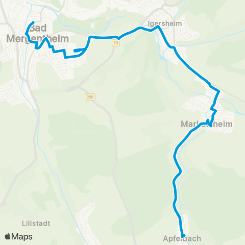 Verkehrsverbund Rhein-Neckar Apfelbach - Markelsheim - Igersheim - Bad Mergentheim map