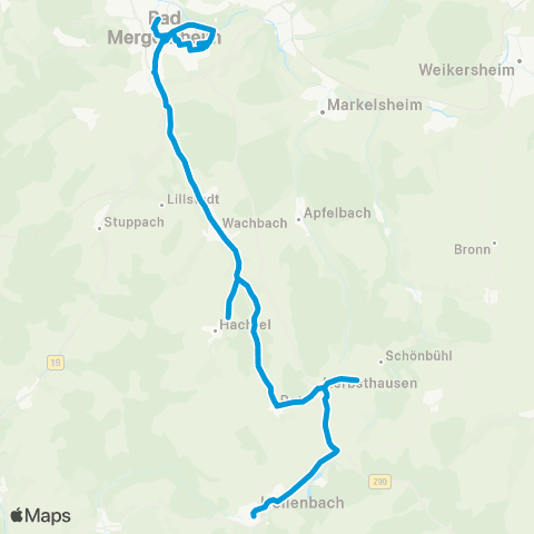 Verkehrsverbund Rhein-Neckar Hollenbach - Schönbühl - Wachbach - Bad Mergentheim map