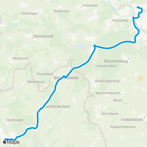 Verkehrsverbund Rhein-Neckar Night-Life-Shuttle Külsheim - Tauberbischofsheim - Würzburg map