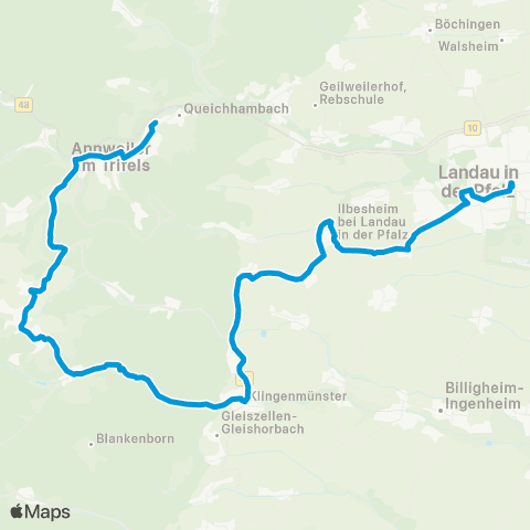 Verkehrsverbund Rhein-Neckar Annweiler - Silz - Klingenmünster - Ilbesheim - Wollmesheim - Landau map