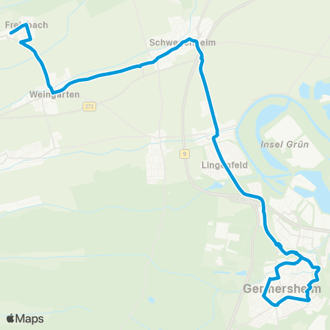 Verkehrsverbund Rhein-Neckar Freisbach - Weingarten - Schwegenheim - Lingenfeld - Germersheim map