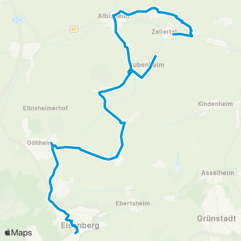Verkehrsverbund Rhein-Neckar Göllheim - Ottersheim - Albisheim (Pfrimm) - Zellertal map