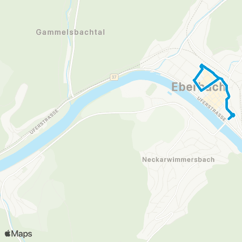 VRN Eberbach Bahnhof - Neuer Markt - Pleutersbach  und zurück map