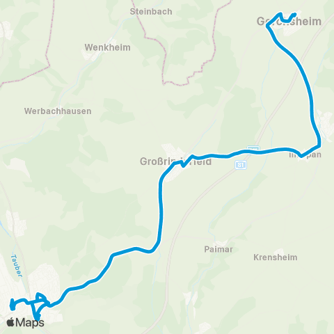 Verkehrsverbund Rhein-Neckar Gerchsheim - Großrinderfeld - Tauberbischfosheim map