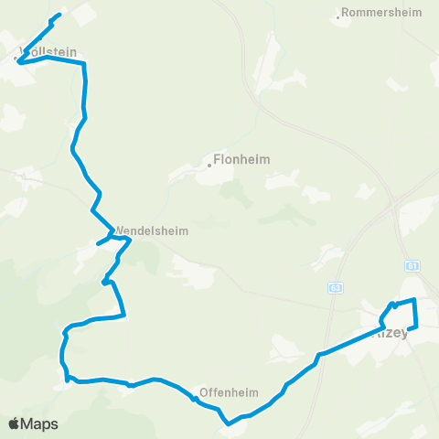 Verkehrsverbund Rhein-Neckar Wöllstein - Gumbsheim - Eckelsheim - Wendelsheim - Nack Nieder-Wiesen - Bechenheim - Offenheim - Mauchenheim - Alzey map