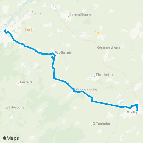 Verkehrsverbund Rhein-Neckar Bad Kreuznach - Wöllstein - Wendelsheim - Erbes-Büdesheim - Alzey map