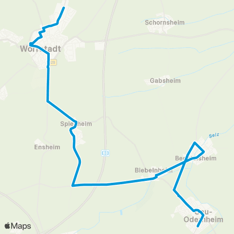 Verkehrsverbund Rhein-Neckar Gau-Odernheim - Biebelnheim - Spiesheim - Wörrstadt map