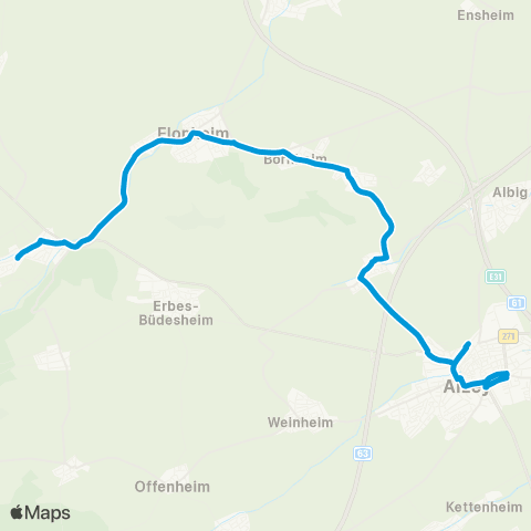 Verkehrsverbund Rhein-Neckar Wendelsheim - Flonheim - Alzey map