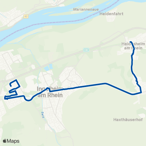 Rhein-Nahe Nahverkehrsverbund GmbH Ingelheim West - Ingelheim Bahnhof - Heidesheim / Heidenfahrt map