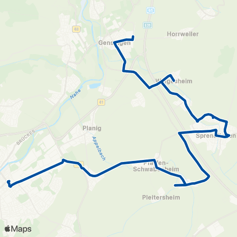 Rhein-Nahe Nahverkehrsverbund GmbH Bad Kreuznach - Bosenheim - Pfaffen-Schwabenheim - Sprendlingen ( - Welgesheim - Gensingen) map