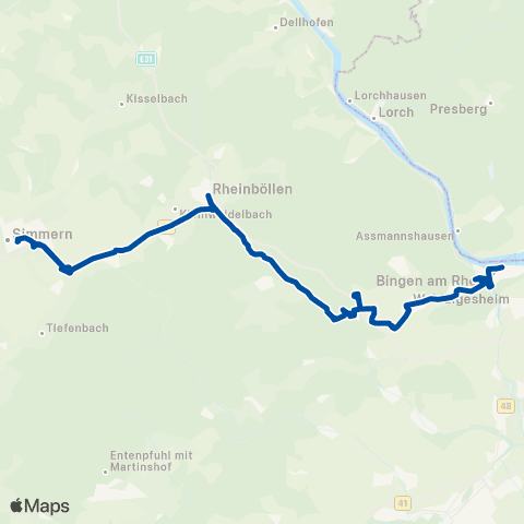 Rhein-Nahe Nahverkehrsverbund GmbH Baustellenfahrplan Bingen Stadtbahnhof - Waldalgesheim - Simmern map