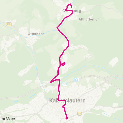 Stadtwerke Kaiserslautern Verkehrs-AG Kaiserslautern Hbf - Maxstr. - Waschmühle - Erlenbach - Otterberg map