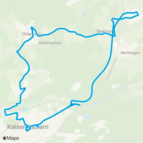 Stadtwerke Kaiserslautern Verkehrs-AG KL Stadtmitte - Morlautern - Erlenbach - Otterberg Baalborn - Sembach - KL Stadtmitte map