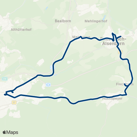 Stadtwerke Kaiserslautern Verkehrs-AG Stadtmitte - Hochspeyer - Fischbach - Alsenborn - Enkenbach - Mehlingen - Eselsfürth - Stadtmitte map