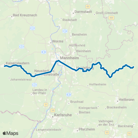 VRN Mosbach  ↔︎ Kaiserslautern Hbf map