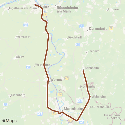 VRN Mainz Hbf ↔︎ Bensheim map